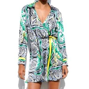 Zara Collared Wrap Front Beautiful Multi Colored Print Mini Dress Size Large NEW